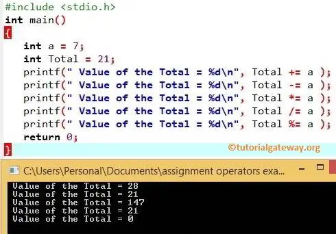 c program using all assignment operators