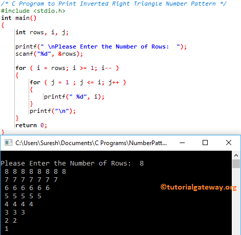 C Program to Print Inverted Right Triangle Number Pattern | LaptrinhX