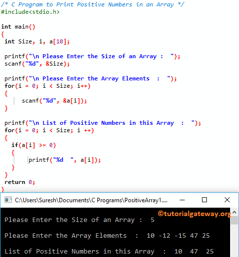 C Program Print Positive Numbers in an Array