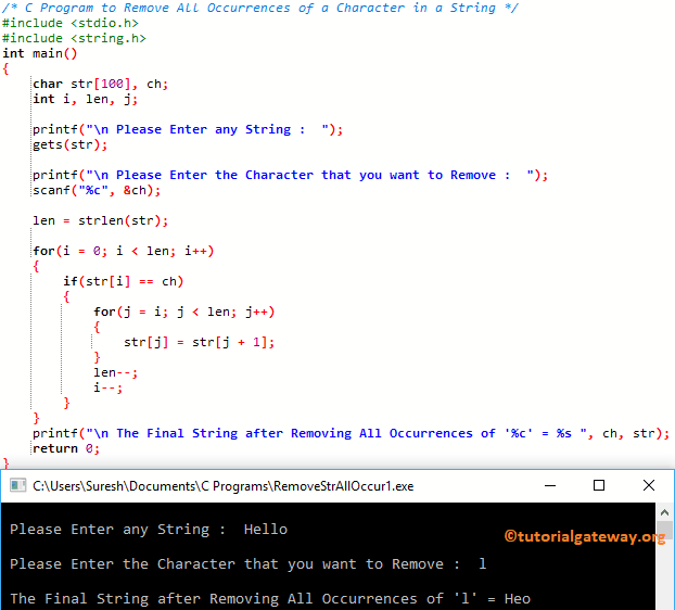 C Program To Remove All Occurrences Of A Character In A String