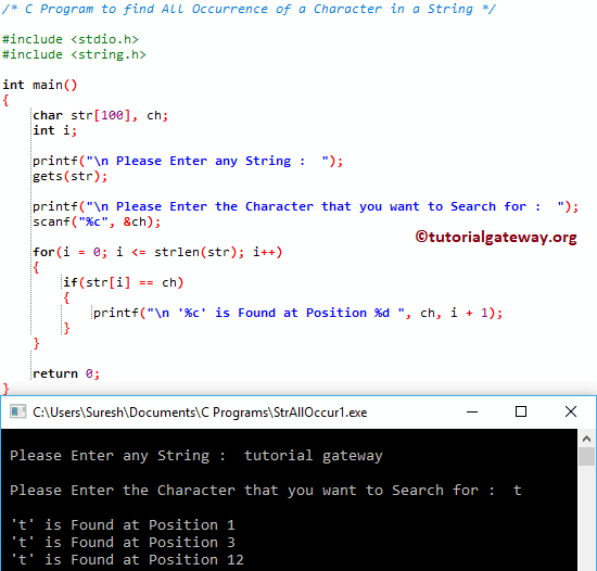 C Program to find All Occurrence of a Character in a String
