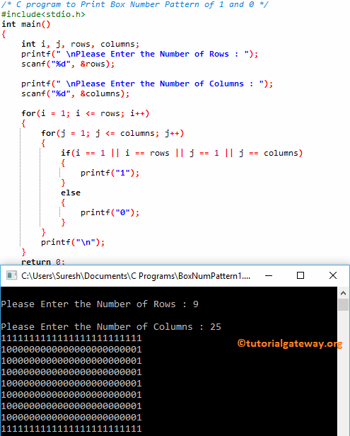 C program to Print Box Number Pattern of 1 and 0 | LaptrinhX