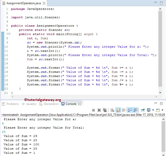 assignment operators example program in java