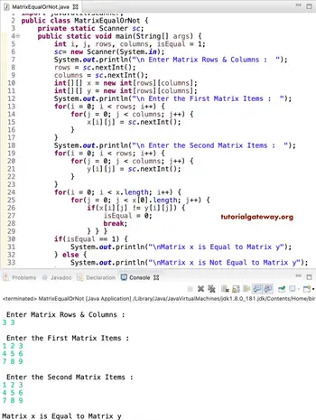 Java Program To Check Two Matrices Are Equal