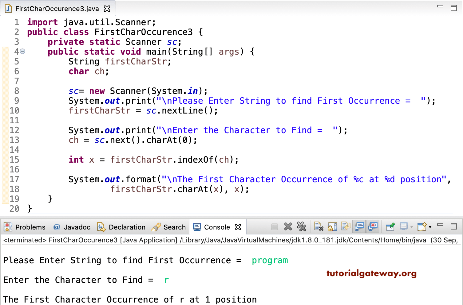Java Program To Find First Character Occurrence In A String