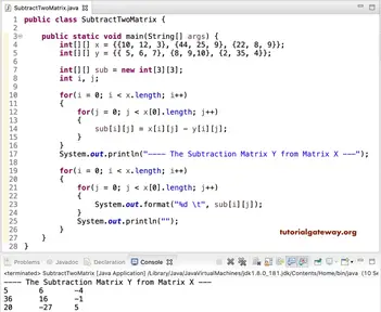 Java Program To Subtract Two Matrices