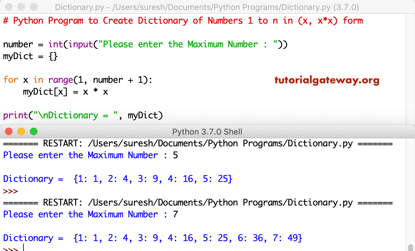 Python Program Create Dictionary of Numbers 1 to in (x, x*x) form