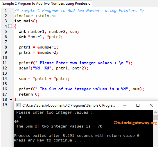 Sample C Program To Add Two Numbers Using Pointers